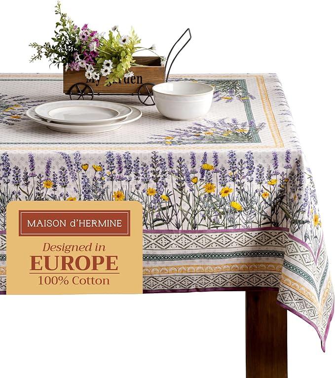 Maison d' Hermine Table Cloth Rectangle Table 100% Cotton 60 x 120 Inches Tablecloth Reusable Decorative for Dining Room Farmhouse Home Valentines Day Decorations Spring Summer - Fanny Lavender