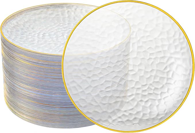 100PCS Clear and Gold Plastic Plates, 7 Inch Disposable Dessert Plates with Gold Rim, Heavy Duty Stone Texture Plastic Plates for Party and Weddings