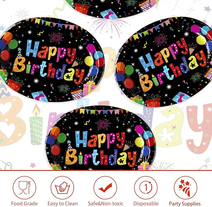 50 Pcs Happy Birthday Oval Paper Plates 10"x12" Large Colorful Black Birthday Plates Disposable Heavy Duty Birthday Theme Party Plates Happy Birthday Party Supplies for Boys Girls Birthday Party Decor