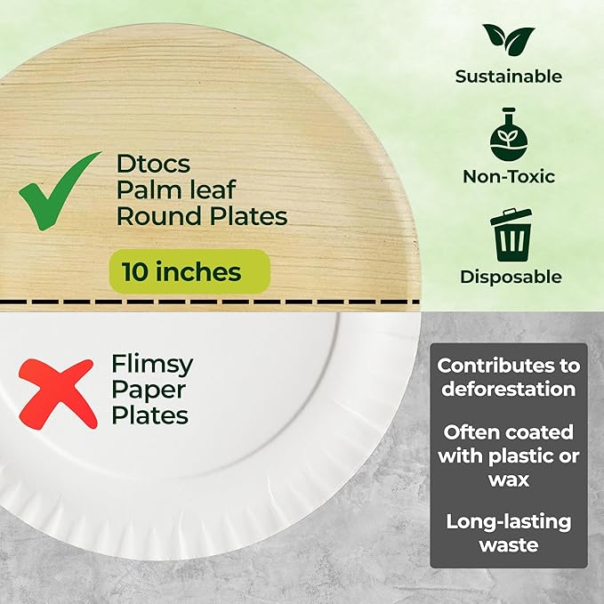 Dtocs Palm Leaf Plates 10 Inch Round (50) | Bamboo Plates Disposable Like Compostable Dinnerware Set for Party, Dinner, Serving Platters, Charcuterie Boards | Alternate to Plastic, Wood, Paper Plate
