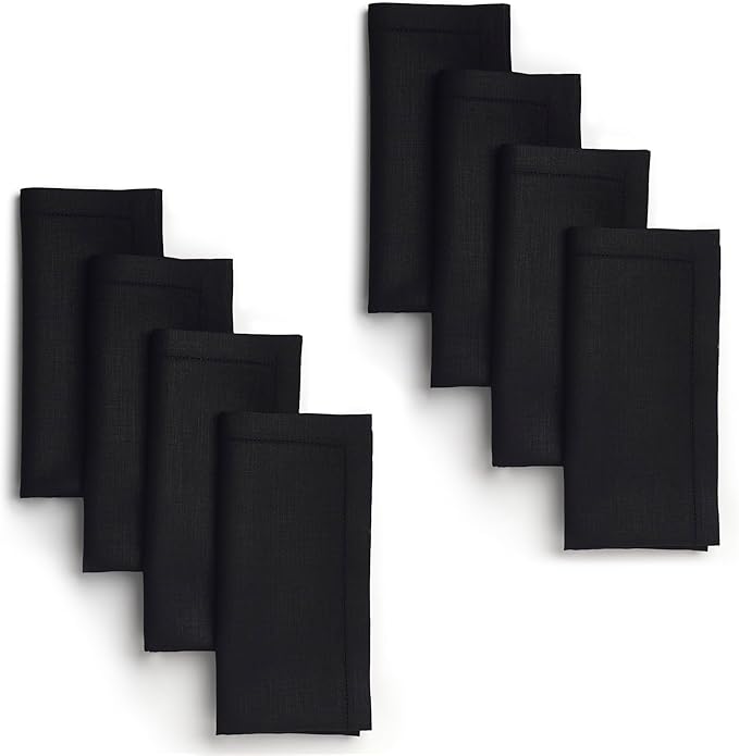 D'Moksha Homes Black Linen Napkins Set of 8 - Classic Hemstitch 100% Pure Linen Hemstitch Dinner Napkins 20 x 20 Inch for Spring, Easter - Handcrafted and Machine Washable