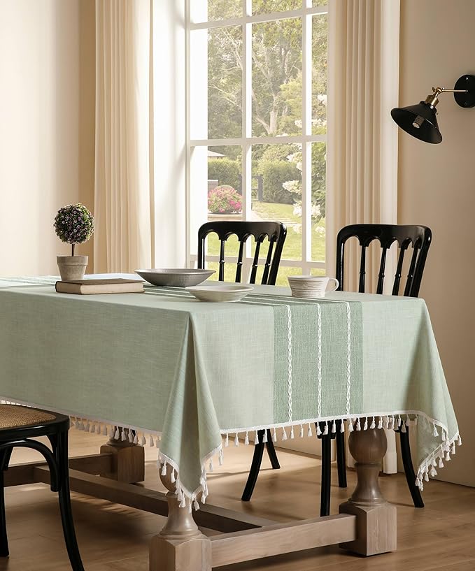 ZeeMart Contrast Linen Table Cloth Rectangle Table Cloths 60x84 Inch Green, Farmhouse Style Heavy Weight Sage Green Tablecloth, Water Resistant Burlap Tablecloths