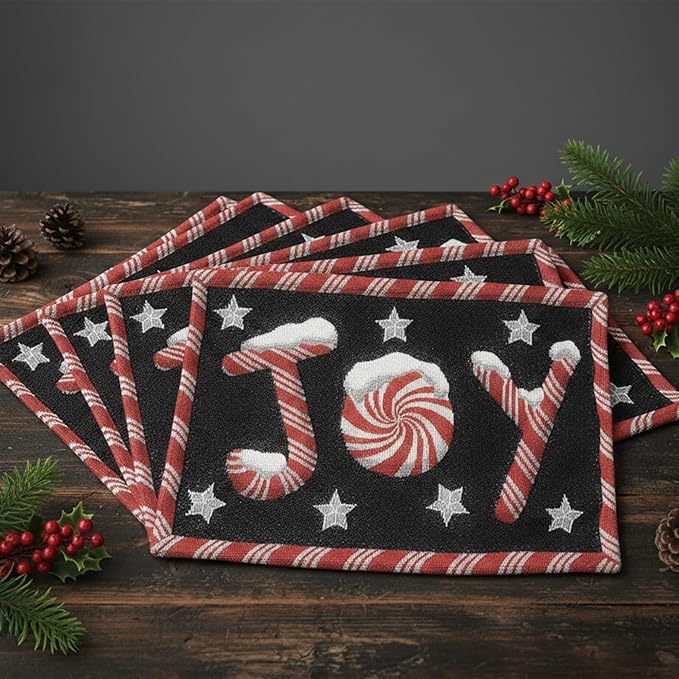 DaDa Bedding Starry Peppermint Joy Placemats - Set of 4 Festive Christmas Winter Holiday Tapestry - Red Black & White Cotton Linen Woven Yueltide Dining Table Mats - 13” x 19” (12904)