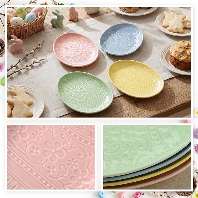 Havawish 4 Pack Easter Pastel Ceramic Dessert Plates 7 Inch Egg Accent Plates for Easter Parties Appetizer Salad Snacks Family Meals Spring Kitchen Table Decor