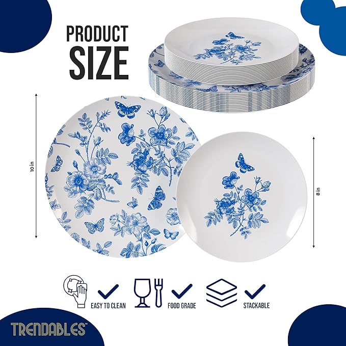 Trendables Disposable Plates For Party Supplies | Blue Floral Plastic Plates For Wedding 80 Pcs - 40 X 8 & 40 X 10 Dinner Plate Sets | Floral Plate Set Disposable Plastic Dinnerware Sets