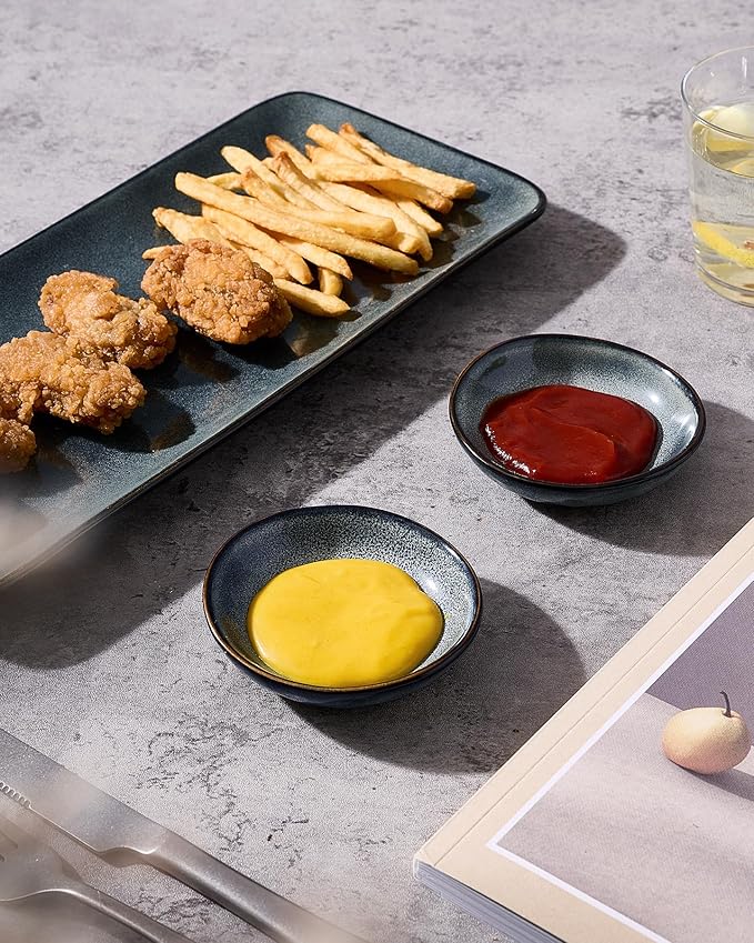 famiware Ocean Soy Sauce Dishes of 6, Oval Dipping Sauce Cups/Bowls/Dishes for Kitchen, 2.1oz Ceramic Small Bowls for Side Dish, Appetizers, Snacks, and Sushi, Reactive Glaze, Deep Forest