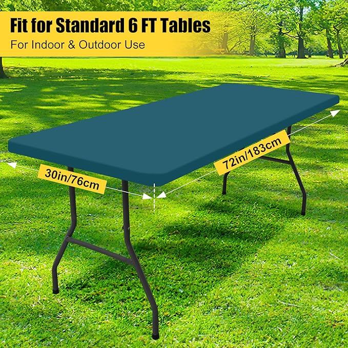 Smiry Rectangle Picnic Table Cloth, Waterproof Elastic Fitted Tablecloths for 6 Foot Tables, Washable Polyester Table Cover for Camping, Indoor and Outdoor (Peacock Blue, 30"x72")