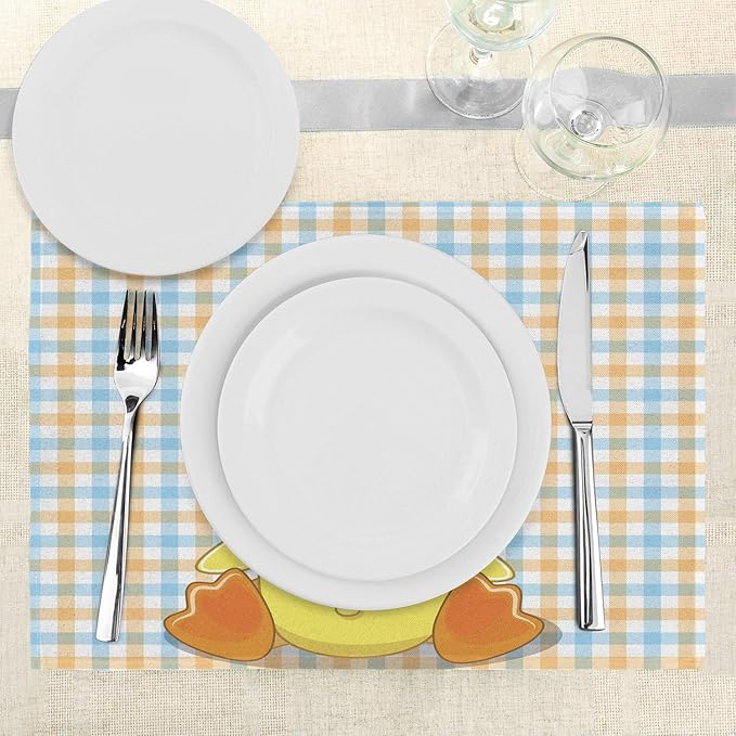 Ambesonne Cartoon Place Mats Set of 4, Hipster Boho Duck Dotted Bow Cool Free Smart Geese Design, Washable Fabric Placemats for Dining Table, Standard Size, Orange Yellow