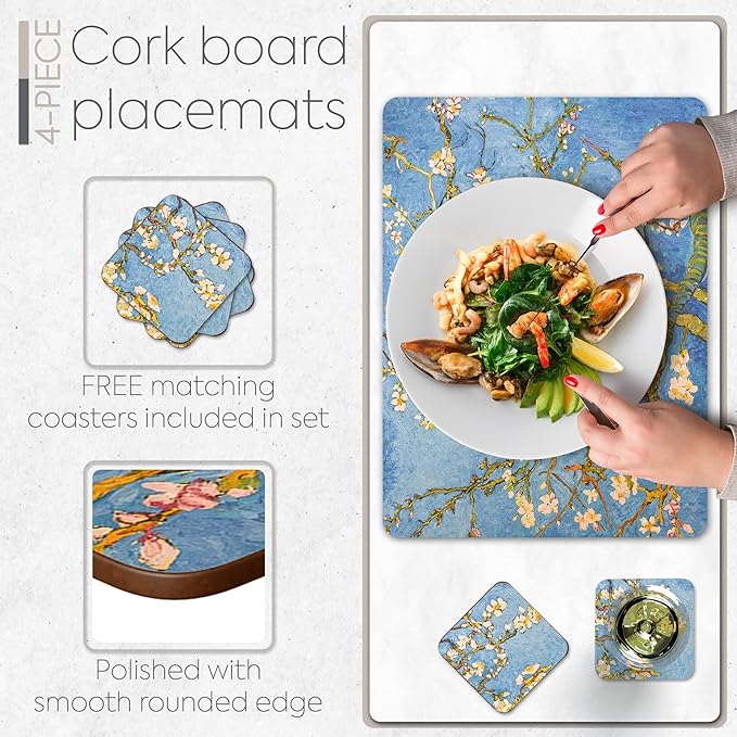 Set of 4 Heat Resistant Cork Placemats for Dining Table with Free Set of 4 Matching Drink Coasters Van Gough Blue Botanical Design 16 x 12 Inches Cork Backed Hard Placemats (Almond Blossoms)