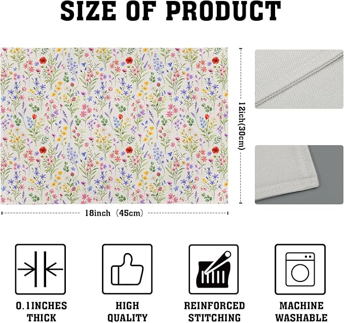Spring Summer Placemats - Floral Place Mats Set of 4 Eucalyptus Leaves Lavender Poppy Flower Table Mats 12x18 for Party Kitchen Farmhouse