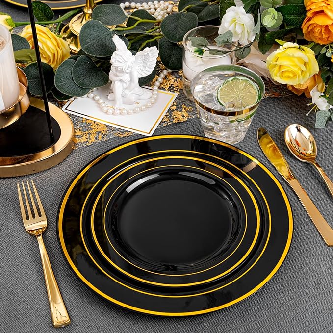 bUCLA 150 Pieces Black and Gold Disposable Dinnerware Set - 25 Guests Black Gold Plastic Plates Include 25 Dinner & 25 Dessert Plates, 25 Spoons, 25 Forks, 25 Knives, 25 Cups for Party & New Year