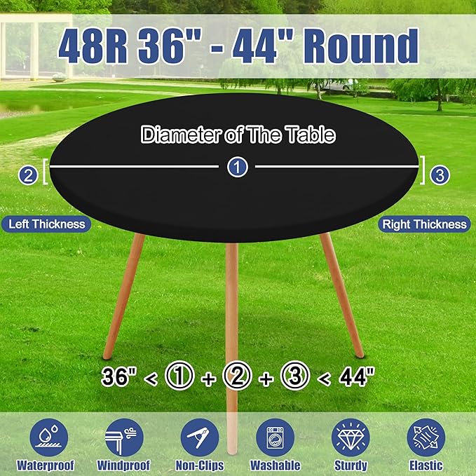 Round Spandex Tablecloth 2 Pack, Elastic Fitted Waterproof Tablecloths for 36"-44" Tables, Stretch Washable Picnic Table Cover for Camping, Dining, Indoor and Outdoor, Black