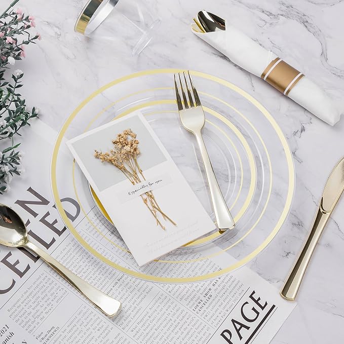 BESTVIP 700PCS Clear Gold Plastic Dinnerware Set for 100 Guests, Disposable Party Plate for Christmas and New Year, Include: 200 Plastic Plates, 100 Pre Rolled Napkins with Silverware, 100 Cups
