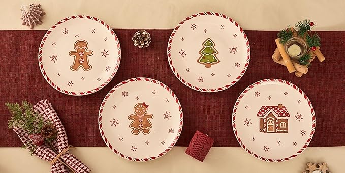 Bico Traditional Christmas Gingerbread Man Salad Plates Set of 4, 8.75 Inch Ceramic Dessert Plates for Salad, Appetizer, Side Dishes, Microwave and Dishwasher Safe, Gift for Housewarming and Christmas