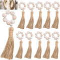 Maxcheck 12 Pcs Wood Bead Napkin Rings with Tassel Handmade Wooden Farmhouse Napkin Ring Natural Beaded Napkin Ring Holders for Tabletop Dining Party Wedding Gathering Home Decoration (Whitewashed)