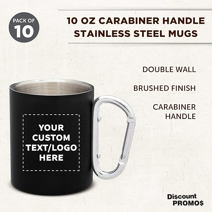 Custom Stainless Steel Mugs with Carabiner Handle 10 oz. Set of 10, Personalized Bulk Pack - Perfect for Coffee, Soda, Other Hot & Cold Beverages - Black