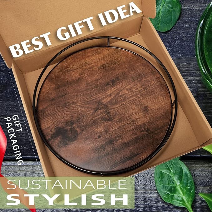 12 Inch Wood Lazy Susan, Rustic Brown Turntable Organizer with Steel Frame, 360 Degree Decorative Turntable for Countertop or Centerpieces