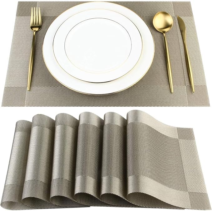DACHUI Heat-Resistant Placemats Stain Resistant Anti-Skid Washable PVC Table Mats Woven Vinyl Placemats (4pcs, Coffee-Cross)