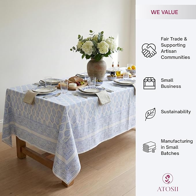 ATOSII Amalfi 100% Cotton Boho Rectangle Fall Tablecloth, Handblock Print Table Cloth for Kitchen I Dining Table Linen Fall Décor I Parties Wedding Outdoor Christmas Thanksgiving I Fall 60 X 90 Inches
