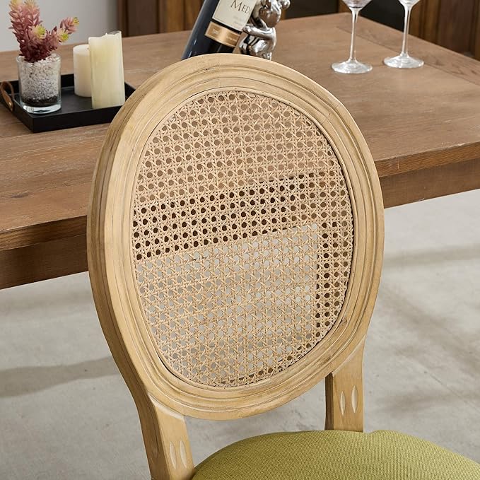 SoarFlash French Dining Chairs Set of 2, Vantage Dining Chair with Round Back, Wood Leg Farmhouse Country Rattan Dining Chair for Kitchen,Bedroom,Olive Green