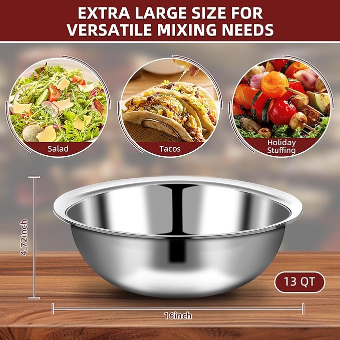 6 Pcs Stainless Steel Mixing Bowls Metal Mixing Bowls Extra Large Basin Salad Bowl with Deeper Edge, Dishwasher Safe, Mirror Finish for Home and Commercial, Silver (16 Inch 13 Qt)
