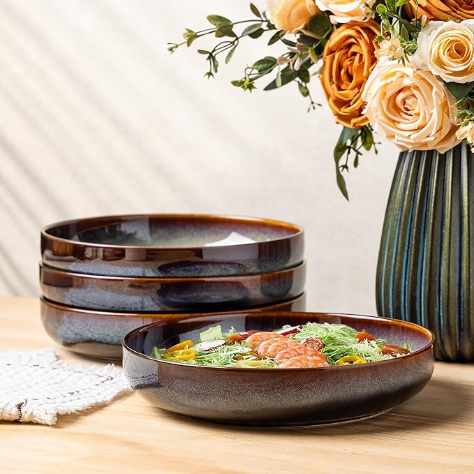 theterra 8.5'' Ceramic Pasta Bowls, Salad Bowls Set of 4, Stoneware Serving Bowls for Fruits, Noodle, Dinner, House-warming Wedding Present, Coca Mocha