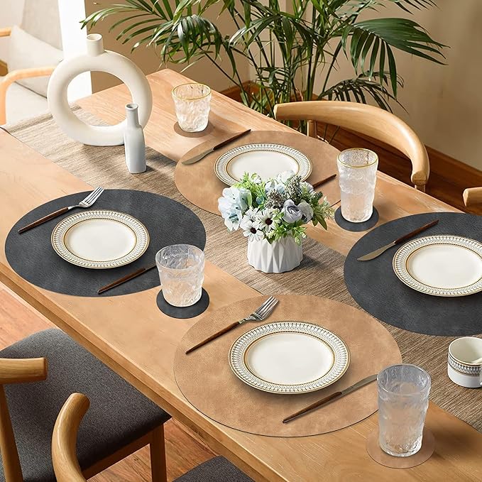 Round Placemats and Coasters Set of 4, Washable Reversible Faux Leather Placemats Cowhide Pattern Place Mats Wipeable Non-Slip 15 inch Round Kitchen Dining Table Mats (Gray Tan, 4)