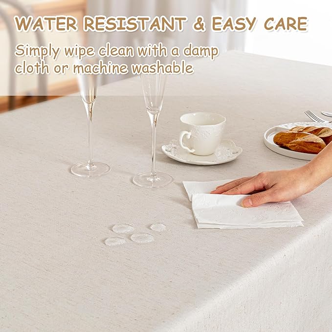 MYSKY HOME Rectangle Tablecloth, 60x60 inches, Heavy Duty Cotton Tassel Linen Look Waterproof Farmhouse Tablecloth, Wrinkle Free, Beige Tassels for Kitchen Dining, Party