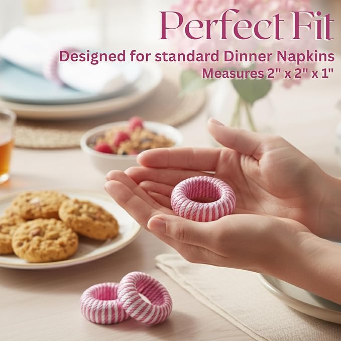 ALPHA Living HOME Napkin Rings Set - 12-Piece Elegant Round Plastic & Rayon Napkin Holders for Dining Table Decor, for Wedding, Party, Holiday, Banquet, Kitchen, Everyday Use (Pink White)