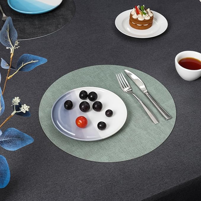 Myir JUN Round Placemats Dual Sided, Faux Leather Place Mats Set of 8 Indoor for Dining Table Outdoor Non-Slip Washable Table Mats (Set of 8, Gray Sage Green)