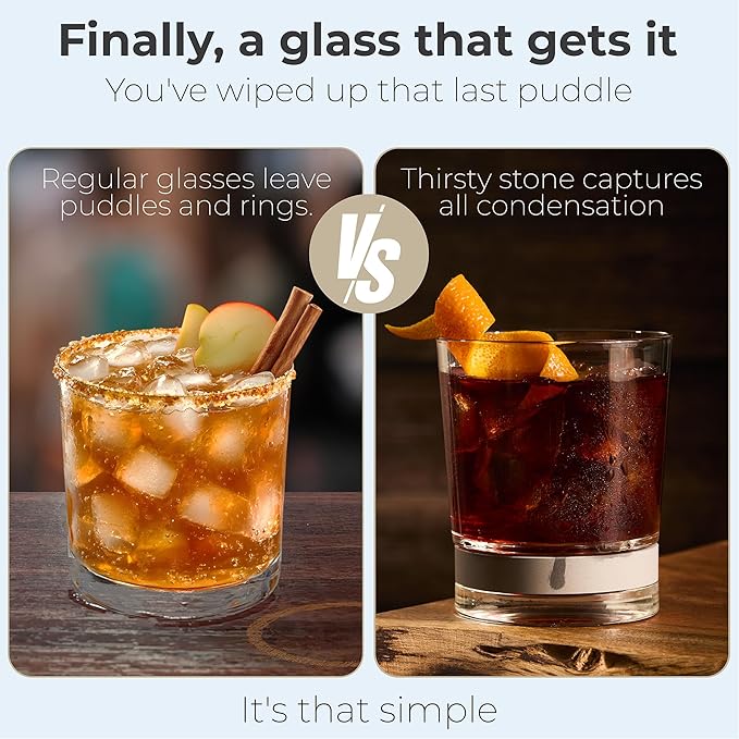 Coast Glassware The Short – Patented Lowball Tumbler with Built-In Stone Coaster Base – Absorbent, Surface-Protecting Whiskey & Cocktail Glasses – Premium Gift Pack (Set of 2) - 10 oz