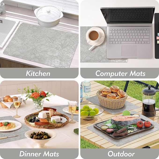 SolaraDawn Faux Leather Table Placemats Set of 4, Washable, Wipeable & Heat-Resistant Table Mats, Waterproof Dining Place Mats with Embossed Texture for Kitchen & Dining, Light Gray, 17" × 12"