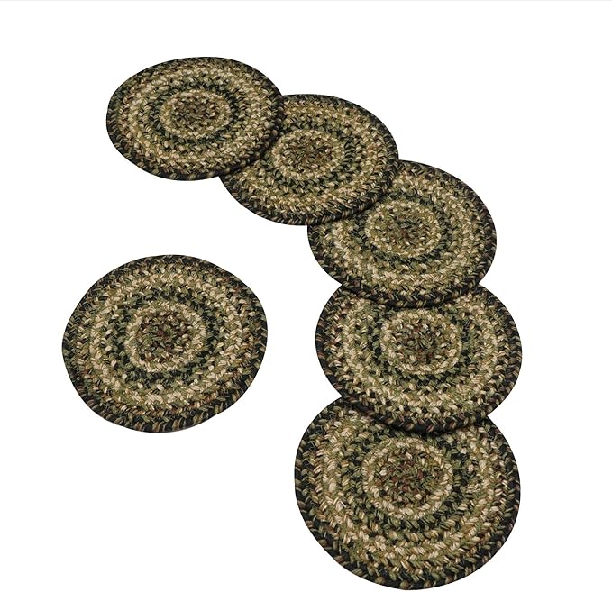 Homespice Pinecone Jute Braided Kitchen Trivets for Hot Dishes, Warm Country Rustic Decor, Set of 6, Green 8" Round Heat Resistant Mat - Rich Colors, Easy to Clean, Durable and Protects Furniture