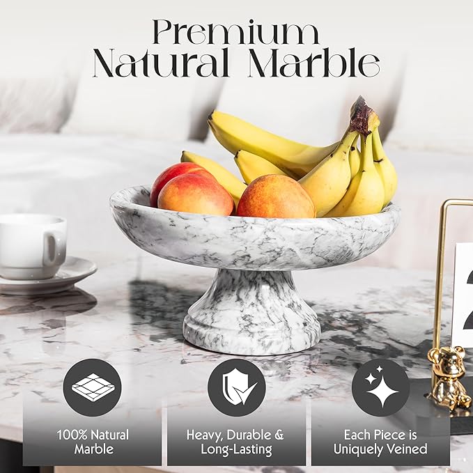 Decorative Marble Bowl with Anti-Slip Pads, Large Countertop Centerpiece and Modern Catch All Bowl for Entryway Keys - Elegant Large Fruit Bowl, White, ~10"
