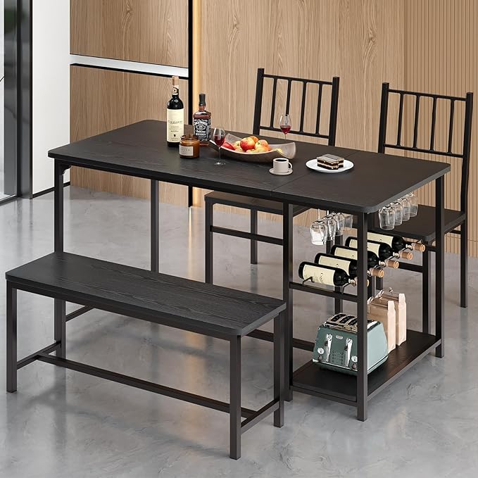4 EVER WINNER Dining Table Set for 4, 55" Small Kitchen Table with Wine Rack & Wine Glasses Holder, Dining Room Table Set with 2 Chairs and Bench for Small Space, Black