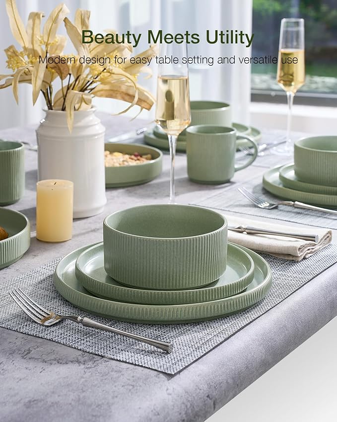 Famiware Star Dinnerware Set with Pasta Bowls, Service for 6 (24 Pieces), Ribbed Stoneware Plates and Double Bowls Sets - Chip & Scratch Resistant, Microwave & Dishwasher Safe Dishes, Matte Sage Green