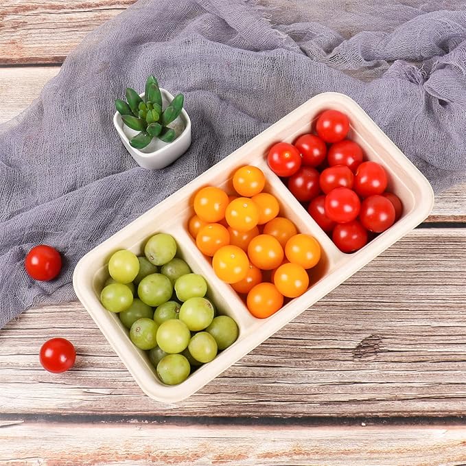 disposable paper bowls 35 oz 3 compartments with lids, Sugarcane For Snack, Dessert, Meal Prep 50 Pack
