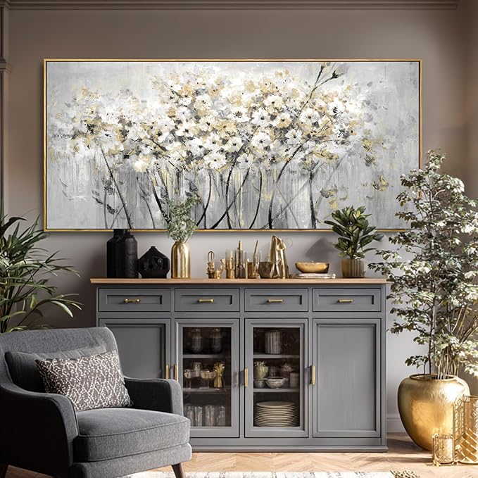 VAYIMDH White and Gold Canvas Wall Art Flower Photo Prints Vintage Wood Wall Decor 40"x86" Kitchen Artwork Pictures for Bedroom