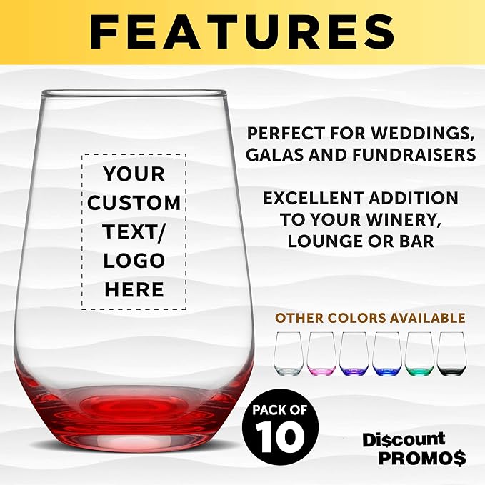 DISCOUNT PROMOS 10 Vaso Silicia Stemless Wine Glasses Set, 16 oz. - Personalized Text, Logo - Clear, Orb-Like, Thick base - Red
