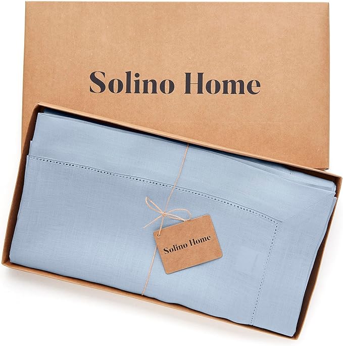 Solino Home Linen Tablecloth for Rectangle Tables 60 x 132 Inch - Classic Hemstitch 100% Pure Linen Sky Blue Table Cloth - Machine Washable Cloth Tablecloth for Spring, Easter