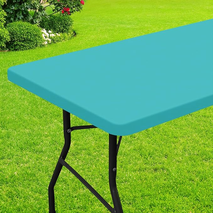 Smiry Rectangle Picnic Table Cloth, Waterproof Elastic Fitted Tablecloths for 4 Foot Tables, Washable Polyester Table Cover for Camping, Indoor and Outdoor (Turquoise, 24"x48")