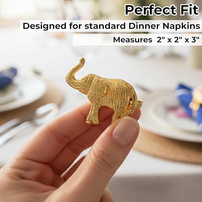 ALPHA Living HOME Metal Gold Napkin Rings Set of 12 - Elephant Napkin Holders, Table Decor, Wedding Decor, Party Supplies, Dining Accessories, Napkin Rings Holders for Gifting & Everyday Use
