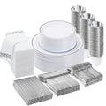 BESTVIP 350 PCS Silver Dinnerware Set for 50 Guests, Plastic Dinnerware Set for Party, Wedding, Christmas, Halloween, Include: 100 Plastic Plates, 50 Silver Silverware, 50 Cups, 50 Paper Napkins