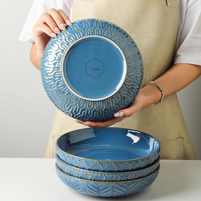 Sureasy Pasta Bowls Set of 4-30oz Large Embossed Serving Bowl Plates, 8.5 Inch Wide and Shallow Plate Bowls, Microwave, Oven & Dishwasher Safe, Blue