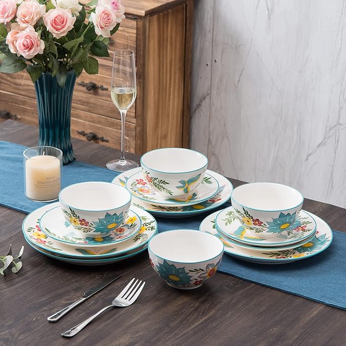 HomePop Ceramic 12-Pieces Dinnerware Sets,Dish Plates and Bowls Sets - Red
