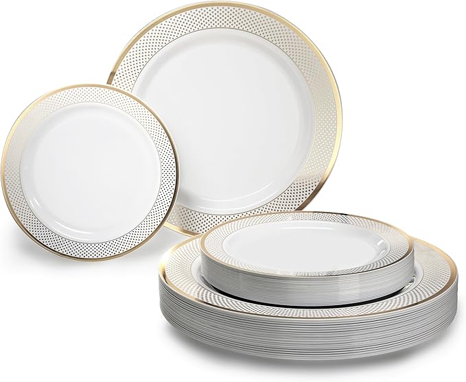 OCCASIONS 120 Plates Pack,(60 Guests) Heavyweight Premium Wedding Party Disposable Plastic Plates Set -60 x 10.5'' Dinner + 60 x 7.5'' Salad/Dessert (Sundance White & Gold Rim)
