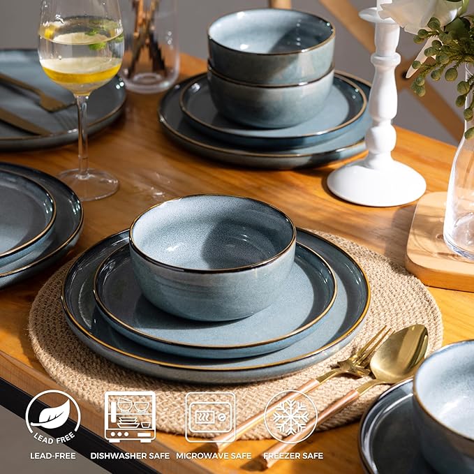 GBHOME 32 Pieces Double Bowls Ceramic Dinnerware Sets for 8, Stoneware Plates and Bowls Set with Reactive Glaze, Scratch Resistant Stoneware Dishes Set, Dishwasher & Microwave Safe