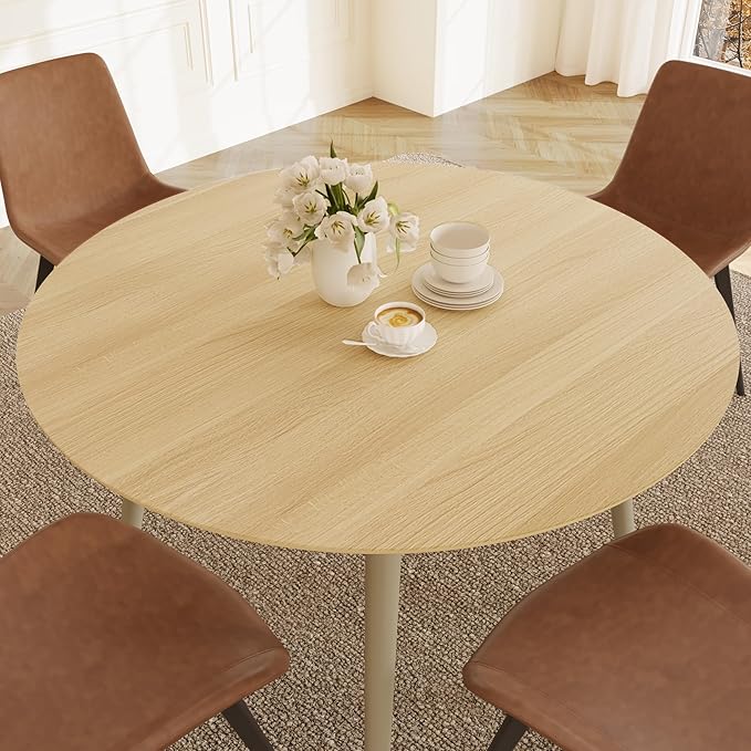 43.3 Inch Round Dining Table Set for 4, Modern Small Kitchen Coffee Set for Dining Room Kitchen Apartment (Cream Table + 4 Brown Chairs)