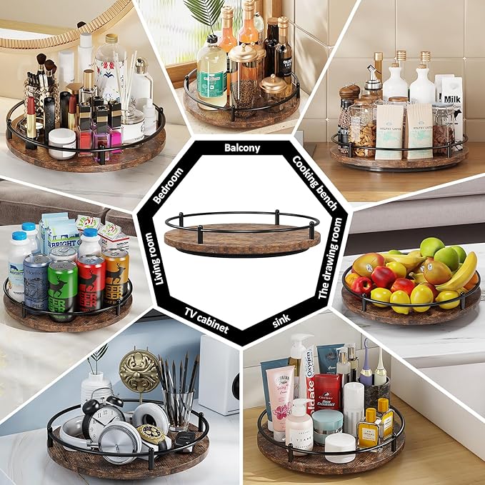 Lazy Susan Organizer：12 Inch 360 Degree Rotating Spice Rack for Kitchen Countertop Round Lazy Susan Wood Turntable Holder for Cabinet Table– Black