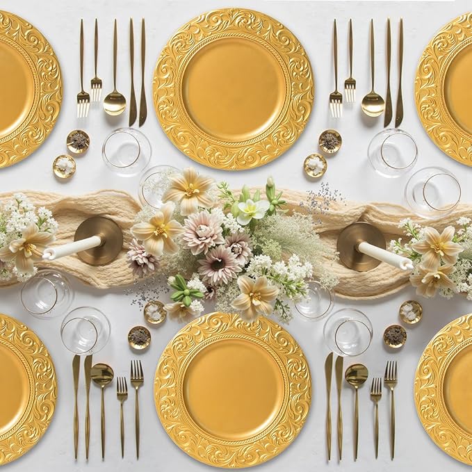 PROY Antique Charger Plates Set, 50 Pcs 13in Plastic Embossed Gold Chargers for Dinner Plates, Round Floral Gold Chargers for Table Setting, Wedding, Party, Event